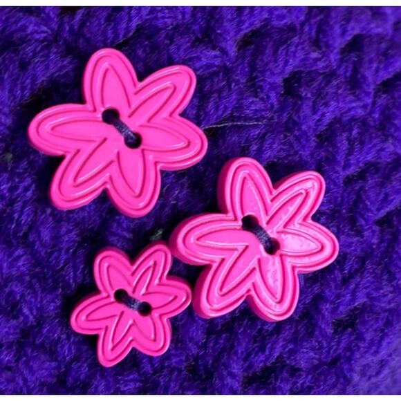 Hand Knit Crochet Girls Hat Purple with Pink Flower Buttons - Picture 7 of 8